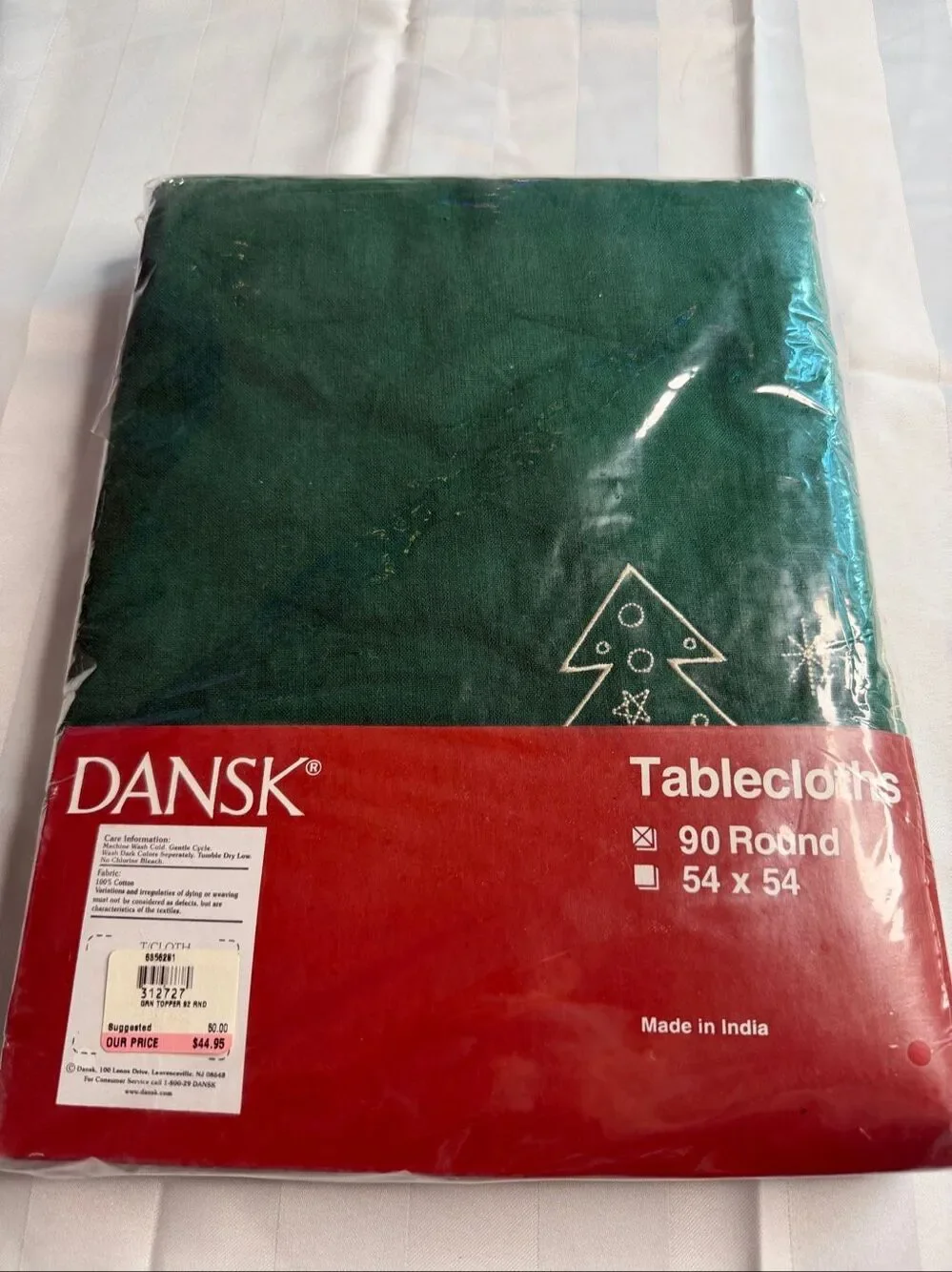 DANSK Green Christmas Tree 100% Cotton Round Tablecloth 90” NWT